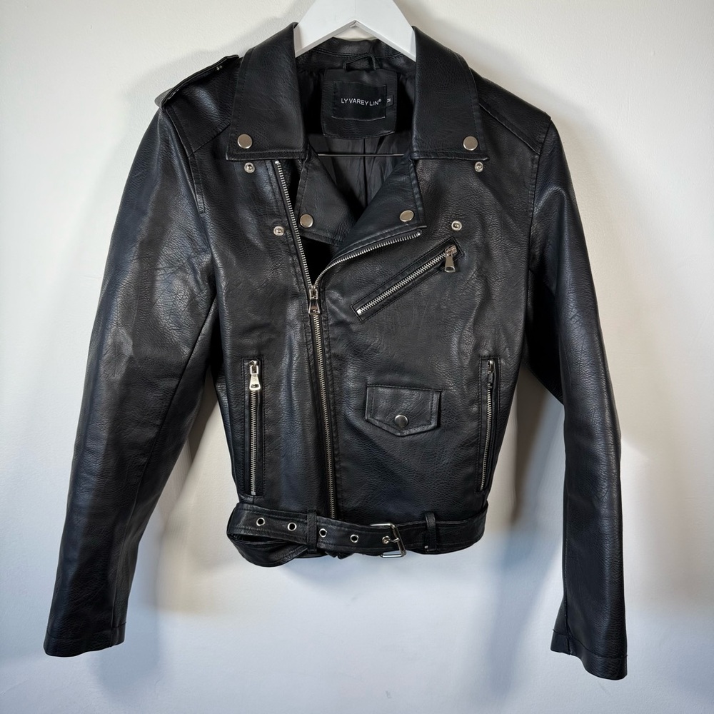 Ly Varey Lin Women’s Black Faux Leather Jacket – Size M, Belted with 3 Pockets